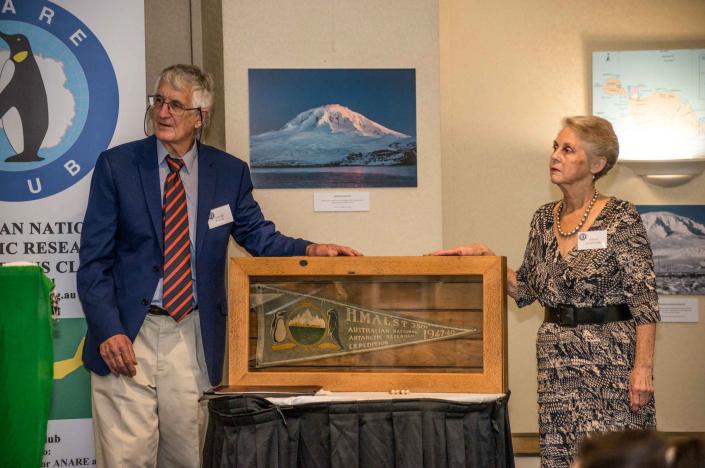 2017 Heard Is 70th Anniversary Celebration_Diane Hampshire presenting her father John Abbotsmith’s ANARE pennant to the ANARE Club
