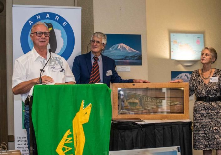 2017 Heard Is 70th Anniversary Celebration Gary Abbotsmith presenting his father, John Abbotsmith’s ANARE pennant to the ANARE Club